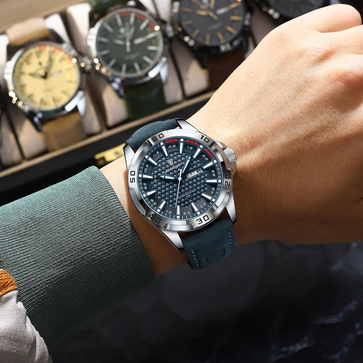 POEDAGAR Original Man Wristwatch Top Luxury Waterproof Luminous Date Week Watch For Men Quartz Sport Leather Men's Watches Reloj
