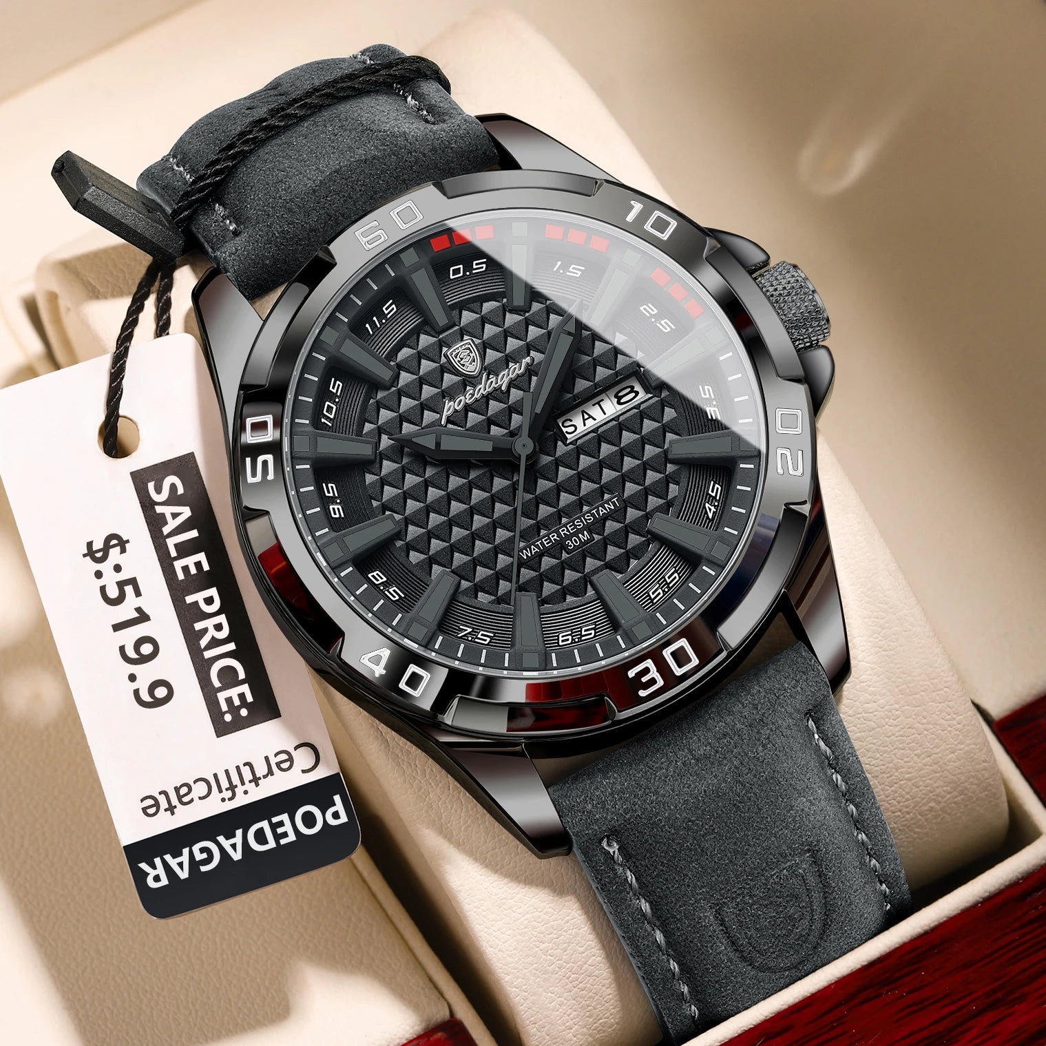 POEDAGAR Original Man Wristwatch Top Luxury Waterproof Luminous Date Week Watch For Men Quartz Sport Leather Men's Watches Reloj